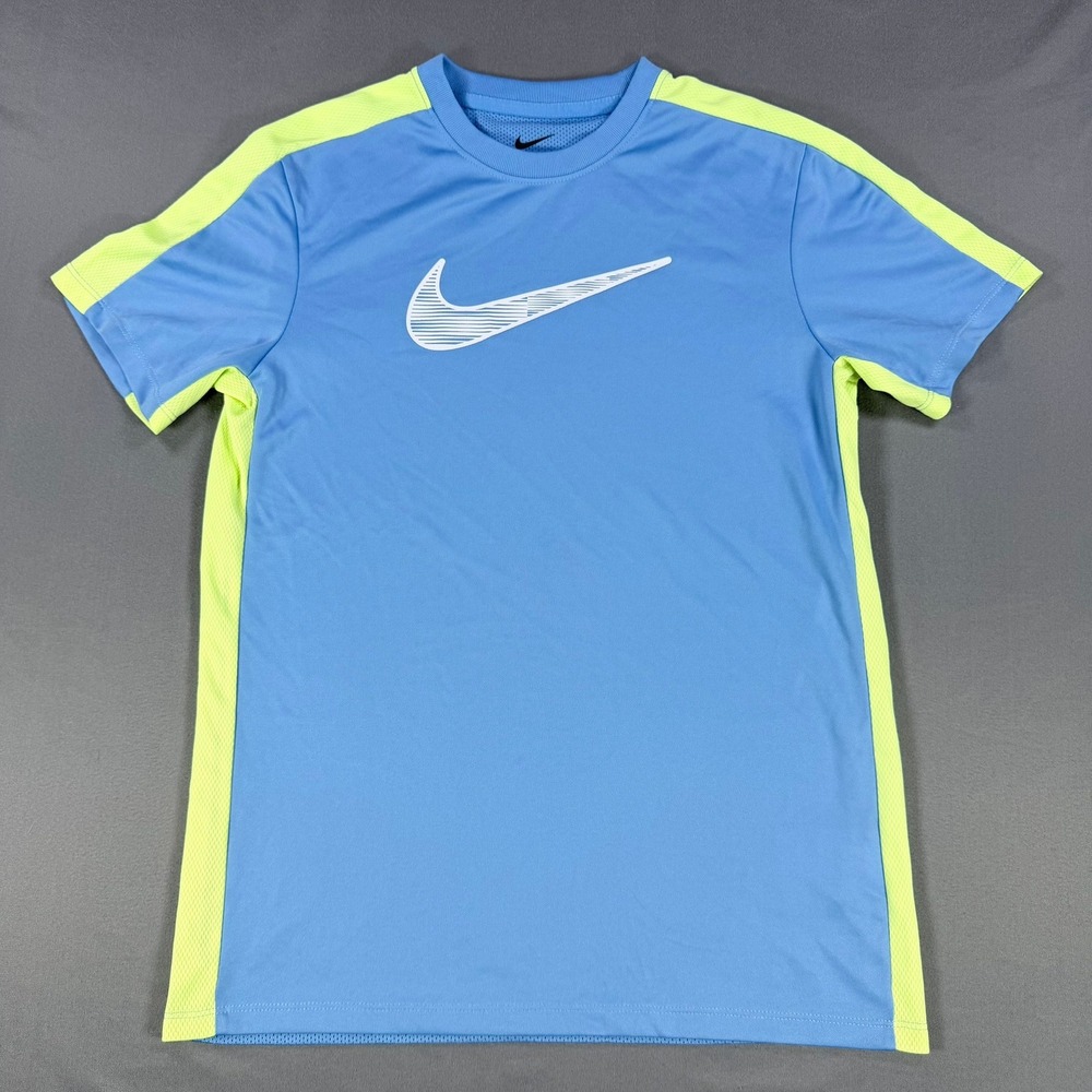 Nike‎ Dri-FIT Kids L Blue Neon Yellow Striped Swoosh Mesh Panel Athletic T-Shirt